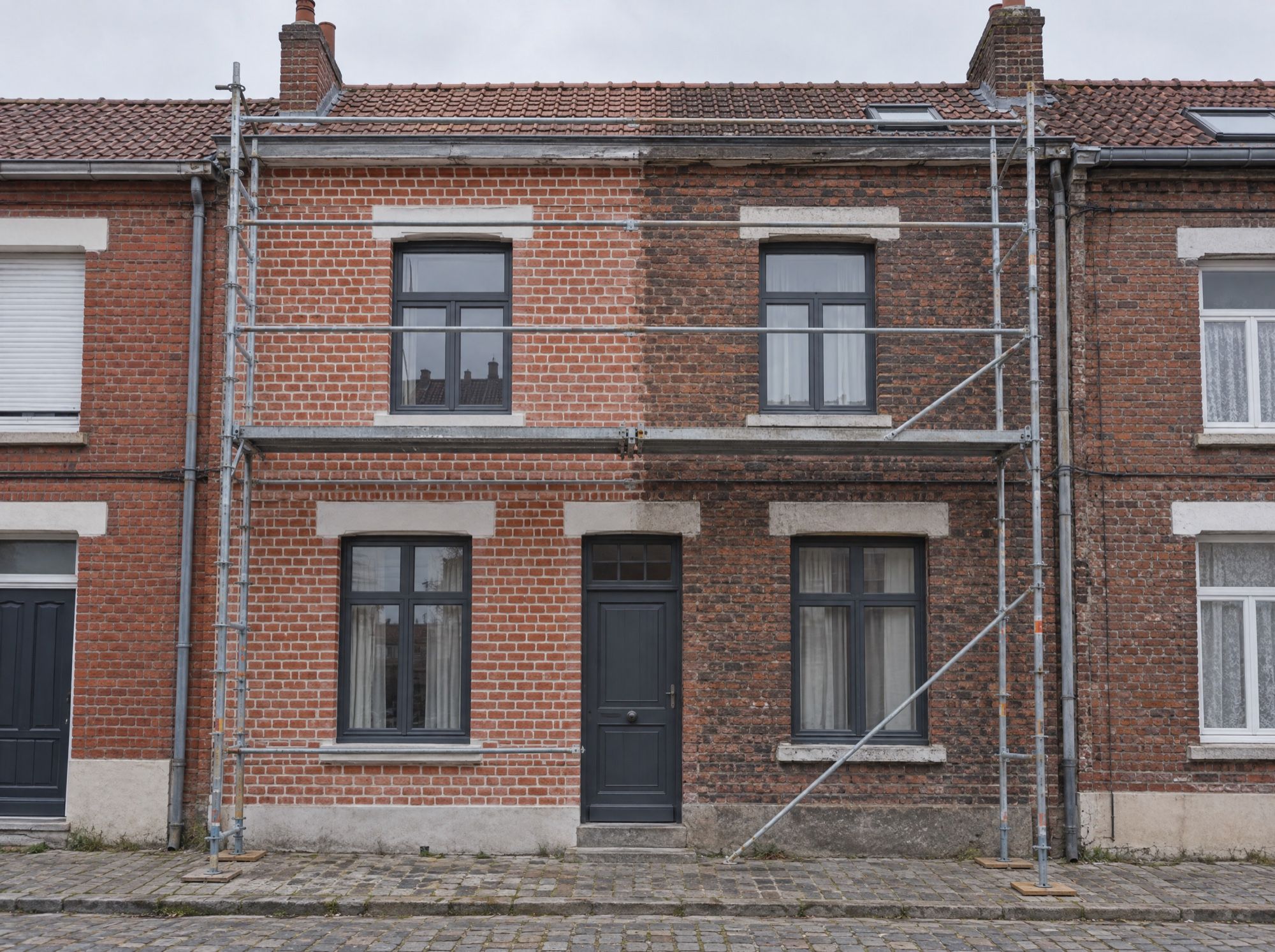 Façade de maison en brique sous échafaudage, moitié nettoyée et rejointoyée