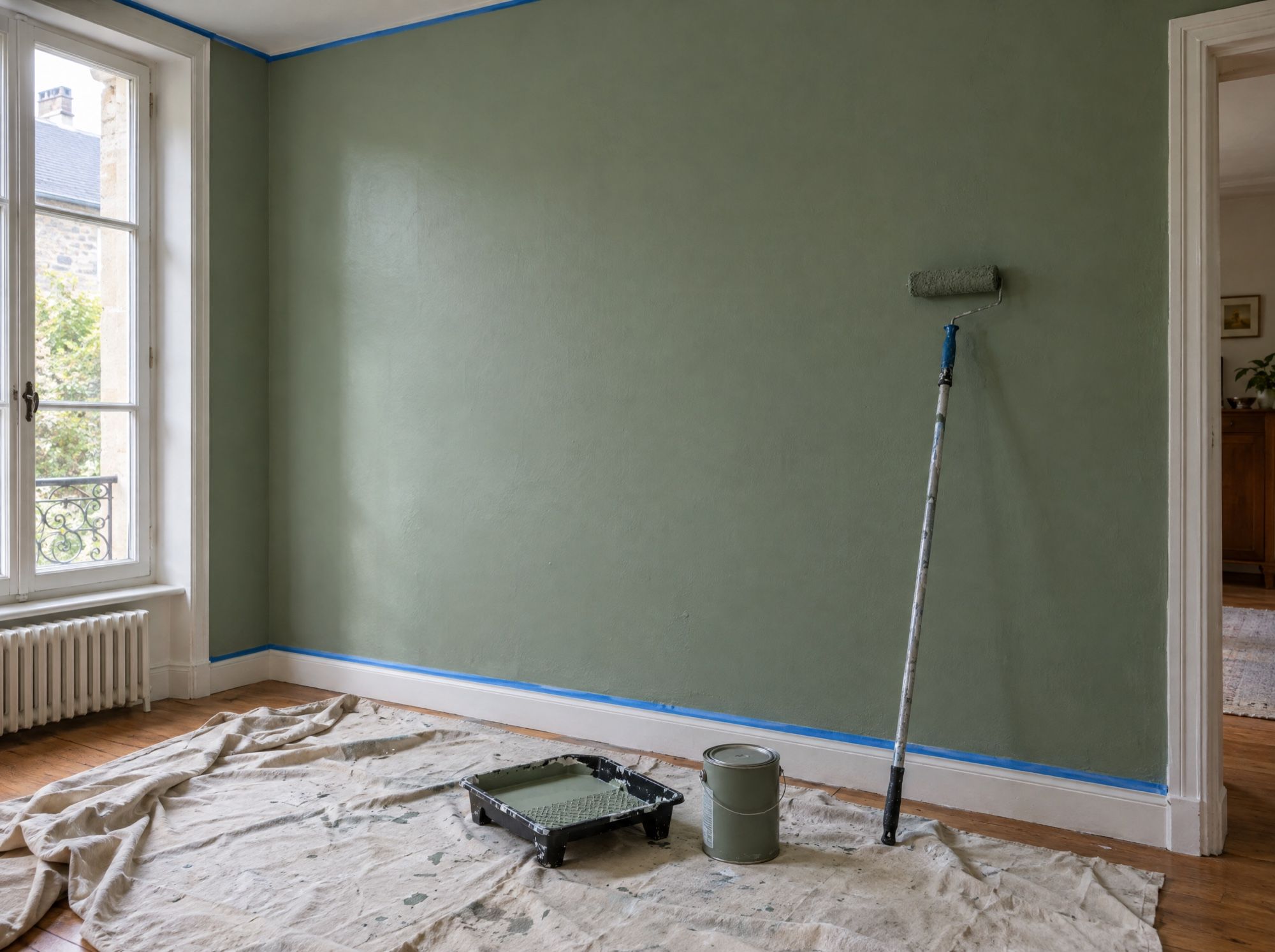 Mur fraîchement repeint en vert, rouleau et bac à peinture posés sur une bâche